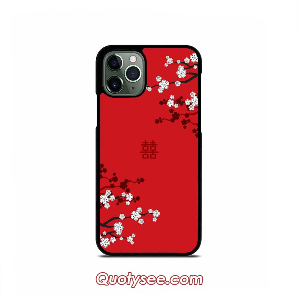 White Oriental Cherry Blossoms on Red and Chinese Wedding Double Happiness Japanese Sakura iPhone Case 11 11 Pro 11 Pro Max XS Max XR X 8 8 Plus 7 7 Plus 6 6S