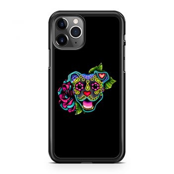 Smiling Pit Bull in Blue Day of the Dead Pitbull Sugar Skull iPhone 11 Case iPhone 11 Pro Case iPhone 11 Pro Max Case