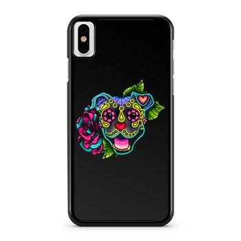 Smiling Pit Bull in Blue Day of the Dead Pitbull Sugar Skull iPhone X Case iPhone XS Case iPhone XR Case iPhone XS Max Case