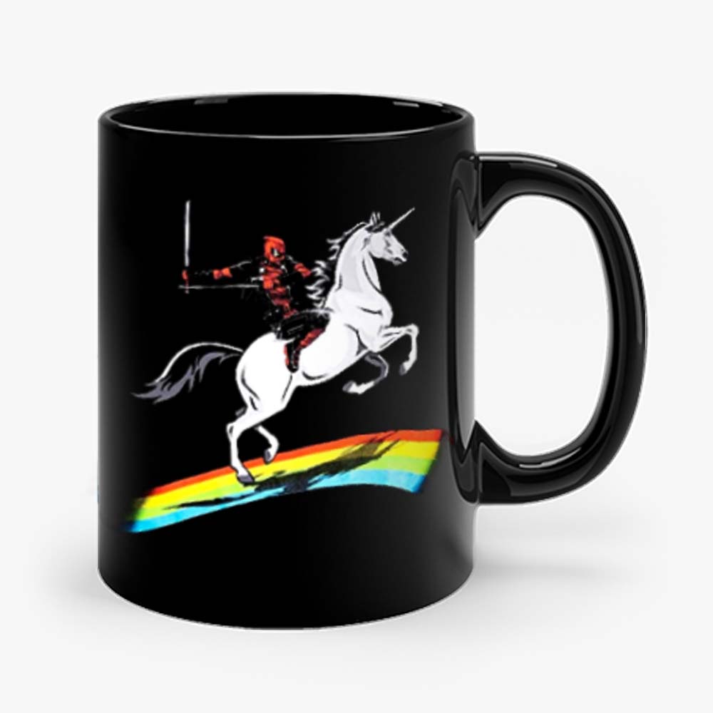 Deadpool Riding a Unicorn on a Rainbow Mug