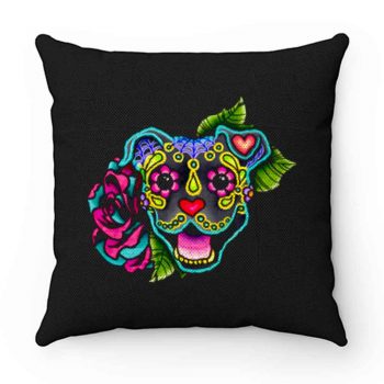 Smiling Pit Bull in Blue Day of the Dead Pitbull Sugar Skull Pillow Case Cover